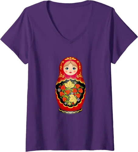 Vista 8 de Hermosa camiseta de Matryoshka Russian Strawberry Nesting Doll con cuello en V para mujer, Negro, S