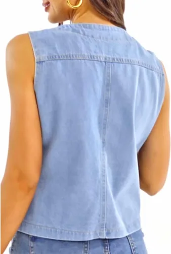 Vista 5 de Peaceglad Chaleco de mezclilla casual para mujer, cuello en V, parte delantera abierta, con botones, sin mangas, con bolsillos