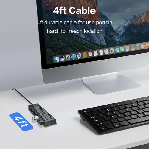 Vista 4 de Hub de datos ultrafino USB 3.0 de 4 puertos, expansor de puerto USB de alta velocidad para laptop, MacBook, iMac, Surface Pro, XPS, unidades flash