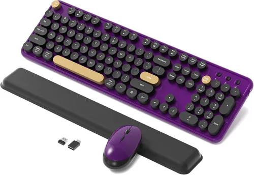 Vista 8 de Combo de teclado y mouse inalámbricos retro con reposamuñecas (rojo claret)