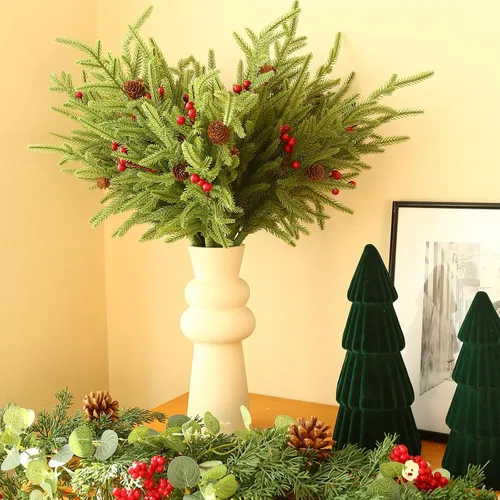 Vista 6 de 24 piezas de tallos de pino Norfolk, ramas de pino artificiales de Navidad de 17", tallos de vegetación artificial de imitación, tallos de cedro