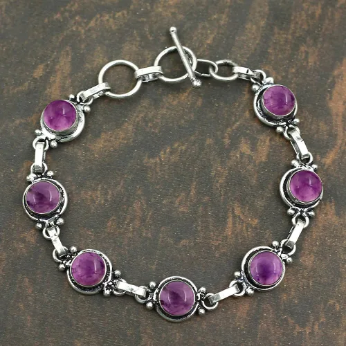 Vista 95 de Round Shape Natural & Synthetic Gemstones Silver Plated Bracelets for Women - Vintage Bohemian Style Handmade Birthstone Adjustable Link Bracelet