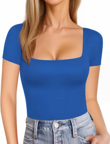 Vista 35 de MANGOPOP - Camisetas ajustadas de manga corta y manga larga con cuello cuadrado para mujer A01 Manga Corta Negro