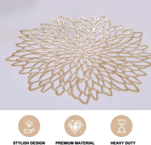 Vista 3 de Snowkingdom - Juego de 4 manteles individuales dorados metálicos de vinilo prensado para mesa de comedor, redondos, con diseño floral, adorno