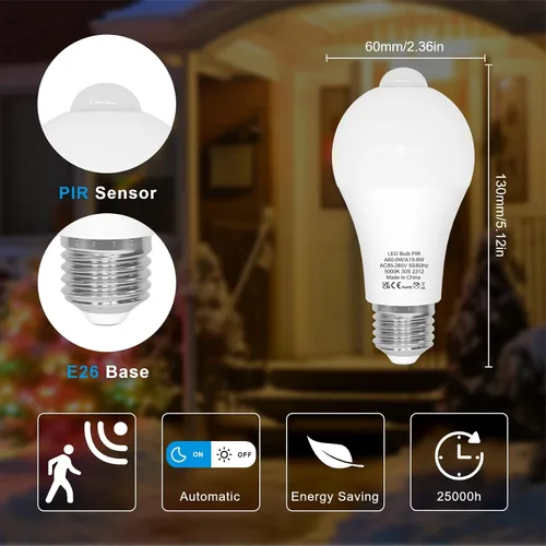 Vista 2 de ORALUCE Bombillas con sensor de movimiento para interiores y exteriores, equivalente a 60 vatios, A19 E26 9 W, bombilla LED activada por movimiento