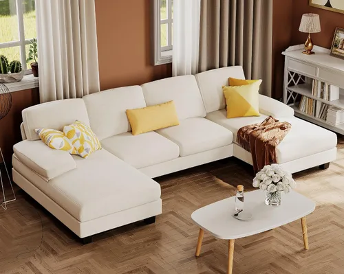 Vista 14 de Furmax - Sofás seccionales para sala de estar, sofá en forma de U con tela de lino, juego de sofá de 4 plazas con doble chaise para apartamento Beige