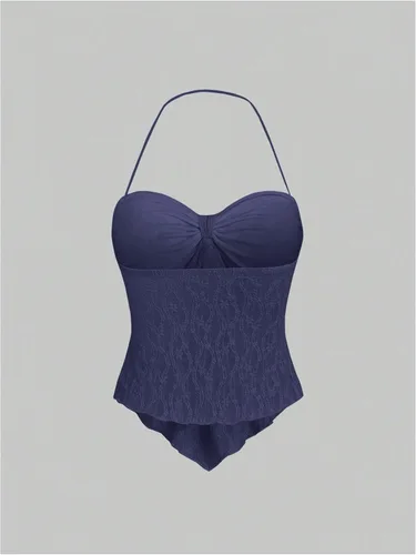 Vista 2 de SHENHE Top halter de encaje para mujer, nudo frontal, espalda descubierta, asimétrica, Y2k, coqueta, sin espalda, para salir