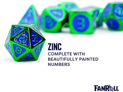 Vista 4 de FanRoll - Juego de dados poliédricos de metal de 0.630 in: verde con esmalte azul, dados de juego de rol para Calabozos y Dragones