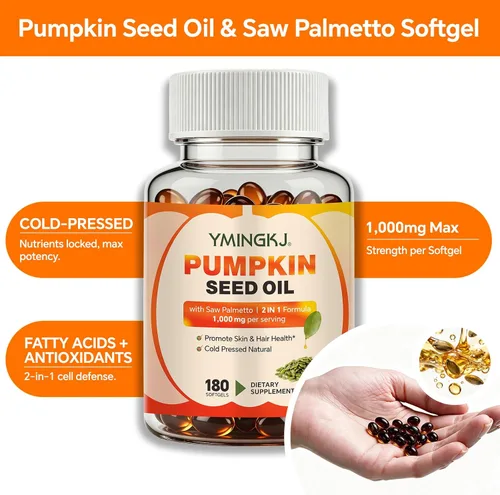 Vista 3 de Saw Palmetto con aceite de semilla de calabaza, 180 cápsulas