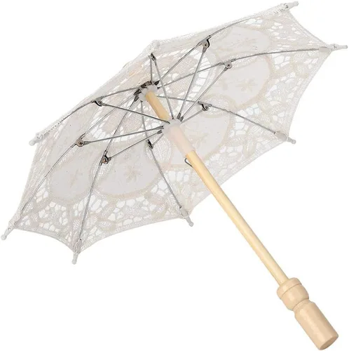 Vista 3 de Paraguas de encaje negro, hecho a mano, plegable, para boda, novia, para mujeres, decoración de fiesta, baile, fotografía, utilería (beige, S)