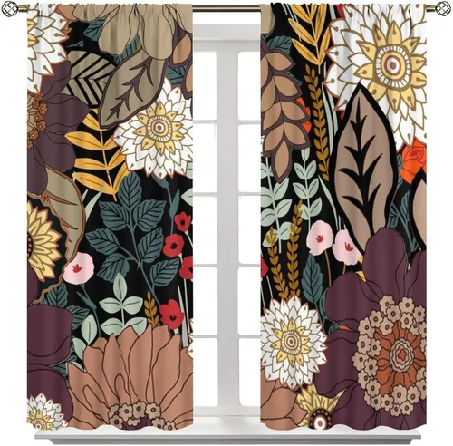 Vista 8 de Cortinas de hojas de otoño de mediados de siglo, cortinas opacas con aislamiento térmico y bolsillo para barra, 2 paneles de 45 pulgadas de largo x
