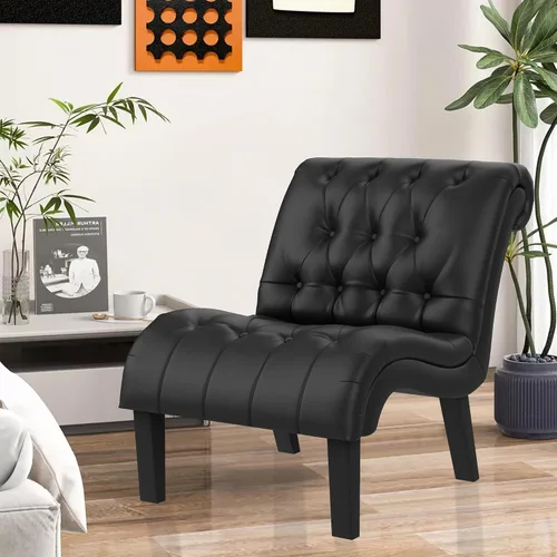 Vista 7 de Silla decorativa de piel sintética negra moderna con botones capitoné tapizada sin brazos para dormitorio, sala de estar con patas de madera Silla