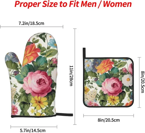 Vista 2 de Juego de guantes de horno y soportes para ollas con estampado floral de jardín, resistentes al calor, antideslizantes, guantes de cocina, 4