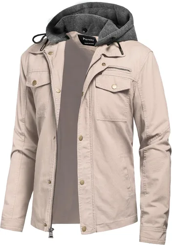 Vista 13 de Pursky Chaqueta de lona de algodón militar casual para hombre con capucha desmontable