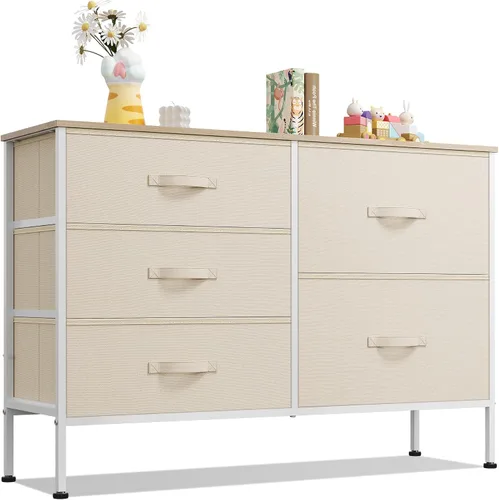 Vista 11 de WLIVE - Cómoda para dormitorio con 5 cajones, cómodas anchas para dormitorio con organizadores de cajones, cómoda con cajones, cómoda de tela