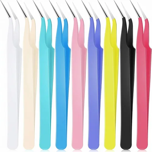 Vista 11 de Honoson 9 pinzas curvadas puntiagudas para manualidades, pinzas de precisión de acero inoxidable con cubierta protectora para diamantes