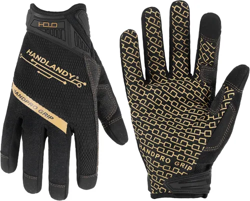 Vista 13 de HANDLANDY Guantes de trabajo para hombre, pantalla táctil, guantes de mecánico, ajuste flexible y transpirable, nudillos y palma acolchados