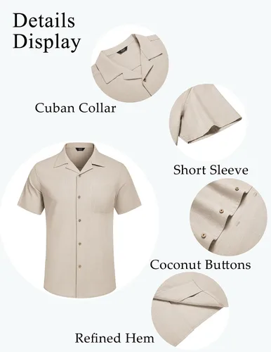 Vista 5 de COOFANDY Camisa casual de lino de algodón para hombre, de manga corta, con botones, para verano y playa