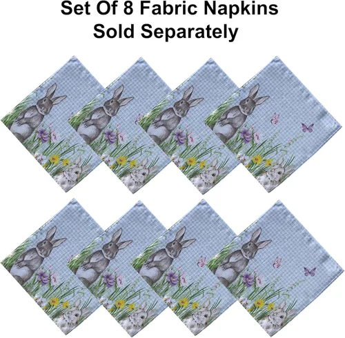 Vista 3 de Manteles Newbridge con diseño de Pascua, primavera, prado y conejos bordados, adorable tela de mantel con conejos y de color azul, con estampado a