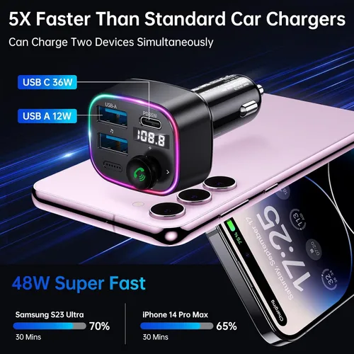 Vista 7 de Syncwire Bluetooth 5.4 Transmisor FM Adaptador de coche 48W (PD 36W y 12W) [Interruptor de luz] [Sonido de bajo HiFi] [Carga rápida] Adaptador