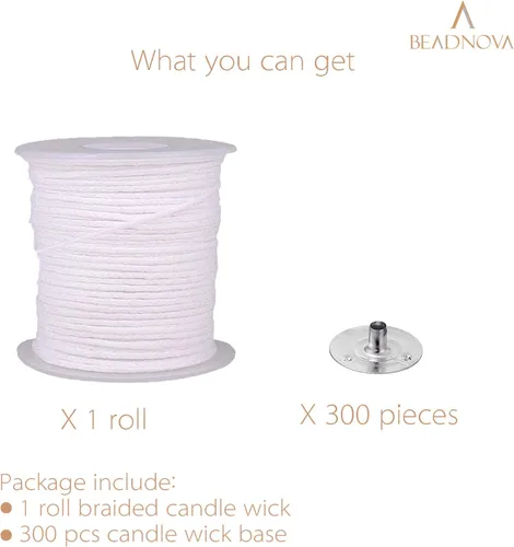 Vista 3 de BEADNOVA Carrete trenzado de mecha de vela con juego de base, rollo de cuerda de vela de algodón de 200 pies y 300 clips de mecha, pestañas