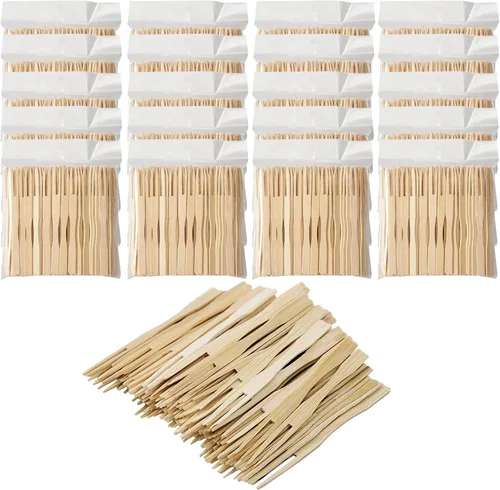 Vista 9 de BetterJonny Paquete de 300 cubiertos desechables de bambú, pinchos de dos puntas, palillos de dientes de extremo romo, mini tenedores de degustación