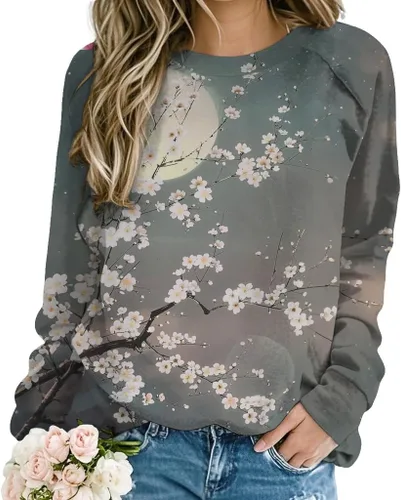 Vista 18 de ZOCANIA Sudaderas para mujer, sin capucha, manga larga, cuello redondo, estampado floral, ajuste holgado