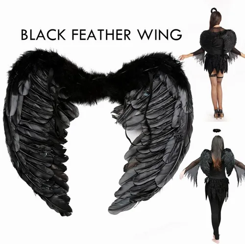 Vista 6 de Mannice Disfraz de ángel caído de Halloween, alas de plumas negras, para cosplay, halo para mujer