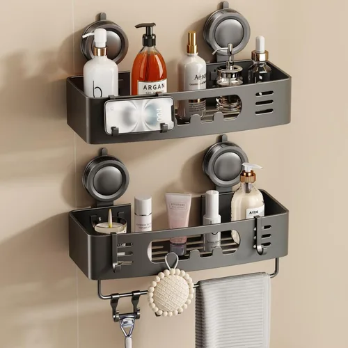 Vista 12 de Voldra Organizador de ducha esquinero con ventosa, estantes de ducha esquineros de aluminio para pared sin taladrar, organizador de ducha