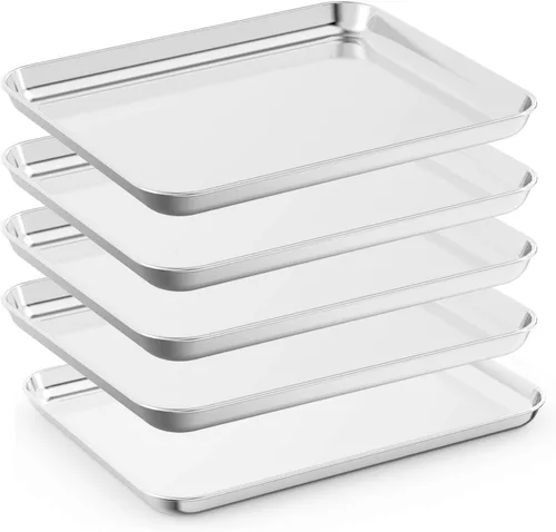 Vista 8 de 5 bandejas para hornear, bandeja para hornear de acero inoxidable, tamaño rectangular, 9 x 7 x 1 pulgada, saludables y no tóxicas, libres de óxido