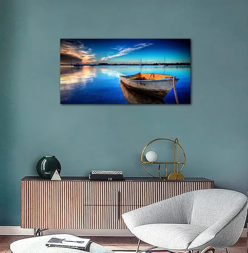 Vista 7 de yearainn Lienzo grande para pared, diseño de lancha y lago azul, puesta de sol con agua clara, cuadro moderno, naturaleza, paisaje, arte