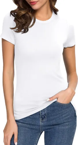 Vista 25 de Camiseta de mujer con cuello redondo, manga corta, ajustada, elástica, básica, de Urban CoCo Negro