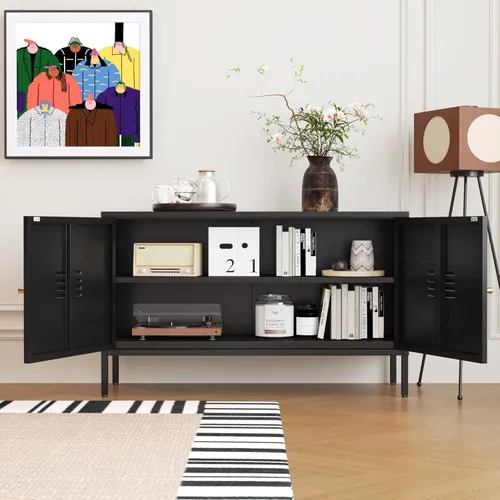 Vista 4 de Gabinete de almacenamiento de metal, soporte de TV de 2 puertas, armario decorativo con puertas y estante ajustable, armario de metal, mesita