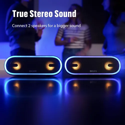 Vista 4 de DOSS SoundBox Pro+ P300 parlante Bluetooth con sonido estéreo de 40 W, graves adicionales, impermeable IPX6, emparejamiento TWS, diversos efectos