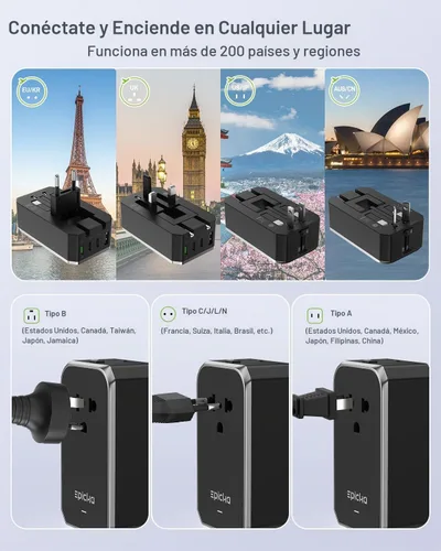 Vista 5 de EPICKA Adaptador de viaje universal Air 20W PD&QC con 1AC/3USB-C/1USB-A 20W-Negro