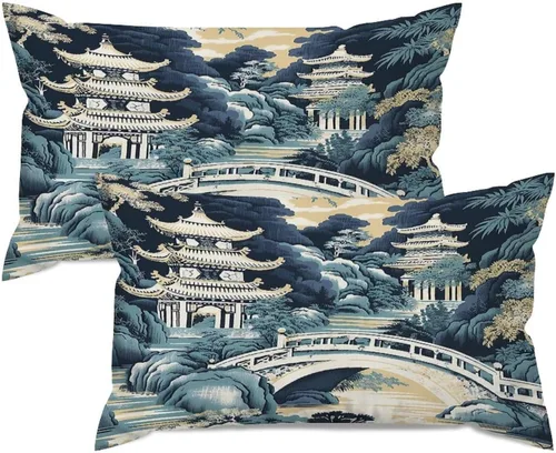 Vista 7 de Chinoiserie - Fundas de almohada decorativas de porcelana azul y blanca con patrón de edificios de estilo chino de 12 x 20 pulgadas, fundas de cojín