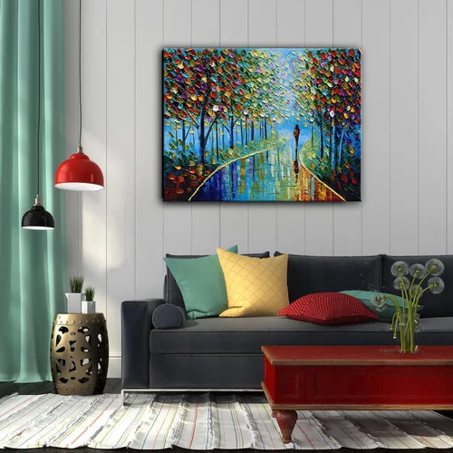 Vista 5 de YaSheng Art - Pintura al óleo de paisaje sobre lienzo con textura de árbol abstracto contemporáneo, pinturas de pared hechas a mano, decoración