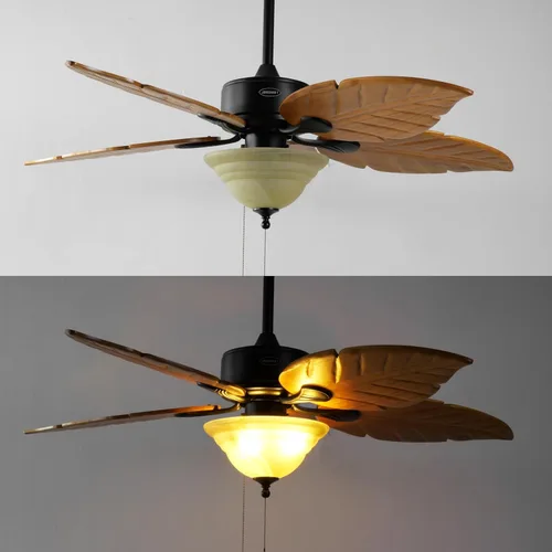 Vista 6 de JONATHAN Y Ventilador de techo LED de hoja de palmera bohemia costera marrón claro de 52 pulgadas, 3 aspas de madera rústica con cadena de tracción