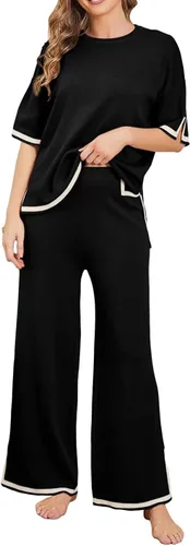 Vista 3 de Lviefent Conjunto de 2 piezas para mujer, suéter de punto de manga corta, pantalones de pierna ancha, sudadera