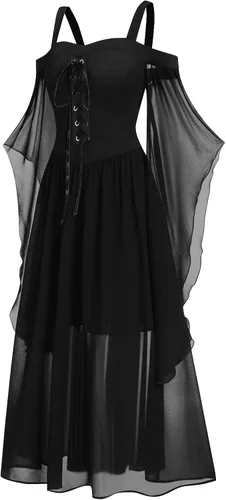 Vista 2 de Vestido gótico renacentista para mujer, vestido de encaje con hombros descubiertos, manga trompeta, disfraz de Halloween, vestido medieval steampunk