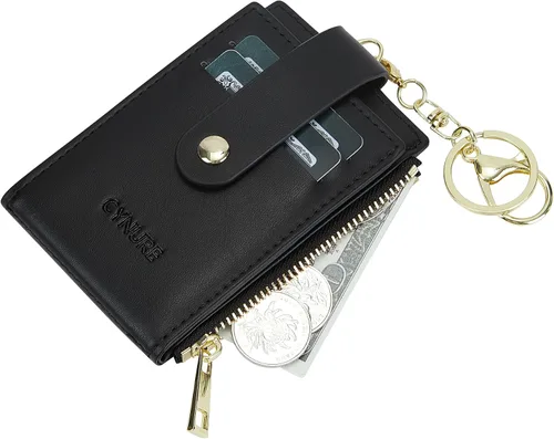 Vista 5 de Tarjetero de cuero para mujer, con bloqueo RFID, delgado y pequeño, con cremallera, llavero, bolsillo frontal, con 2 ventanas para identificación