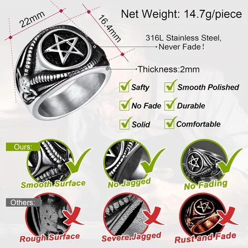 Vista 4 de FaithHeart Satanic Jewelry - Anillos de cabra baphomet con símbolo de Lucifer Satanás para hombres y mujeres talla 7891011121314 personalizado