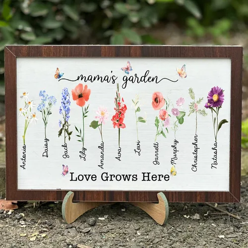 Vista 21 de Nazenti Letrero personalizado con marco de jardín de la abuela con nombres de nietos y flor de nacimiento para regalo del día de la madre, regalos