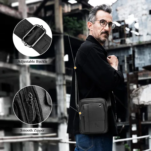 Vista 7 de BAIGIO Bolso bandolera de cuero pequeño para hombre bolso bandolera para viajes negocios trabajo