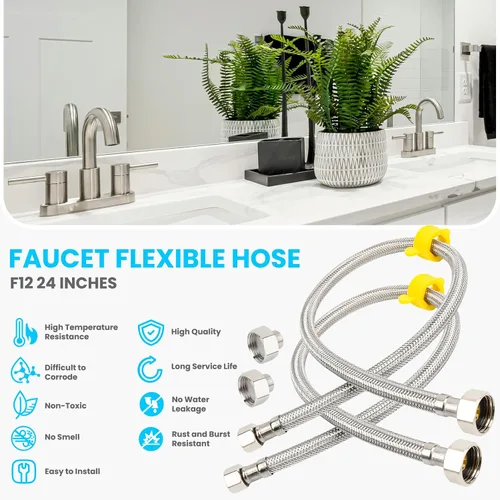 Vista 7 de Klabb Conector de grifo de cocina de baño de 24 pulgadas de largo, manguera de suministro de acero inoxidable trenzada, rosca de compresión hembra