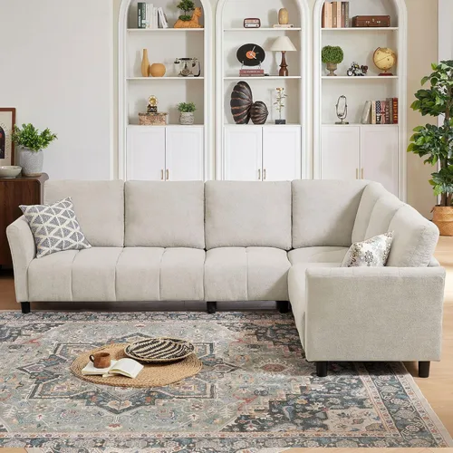 Vista 6 de Sofá modular modular en forma de L de 103 pulgadas, moderno sofá de tela de lino con fundas de cojín extraíbles, sofás modulares reversibles