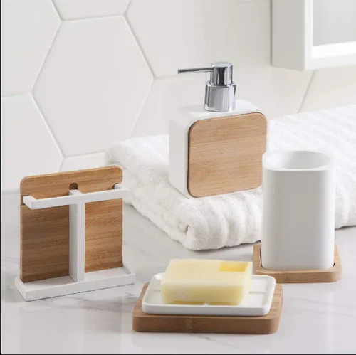 Vista 2 de Marina Decoration Juego de accesorios de baño de 4 piezas de decoración moderna de lujo, incluye dispensador de loción de jabón líquido para baño