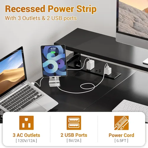 Vista 3 de Aheaplus Escritorio en forma de L con cajón de archivos, escritorio reversible en forma de L para computadora y juegos con toma de corriente