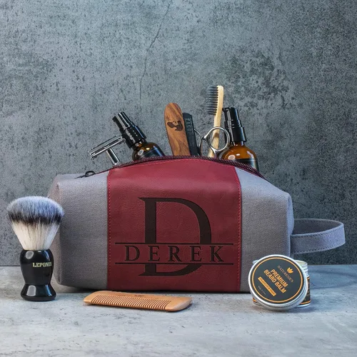 Vista 4 de Neceser para hombre personalizado, grabado con láser inicial y nombre en cuero, 4 colores de lienzo personalizados - Regalo para esposo, papá