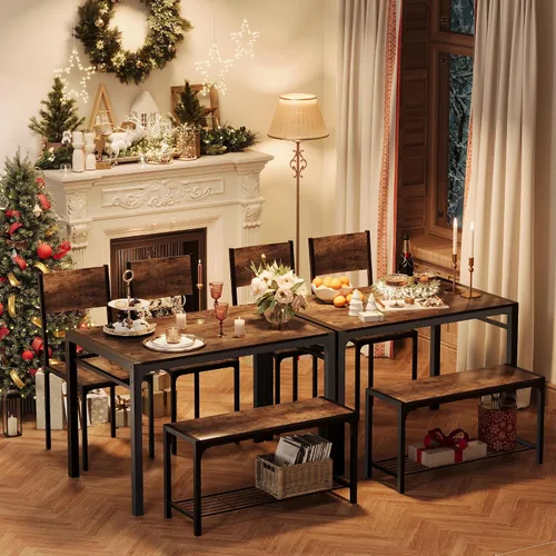 Vista 3 de Shahoo Mesa de cocina y 2 sillas para 4 personas con banco, juegos de comedor de 4 piezas para espacios pequeños, color marrón